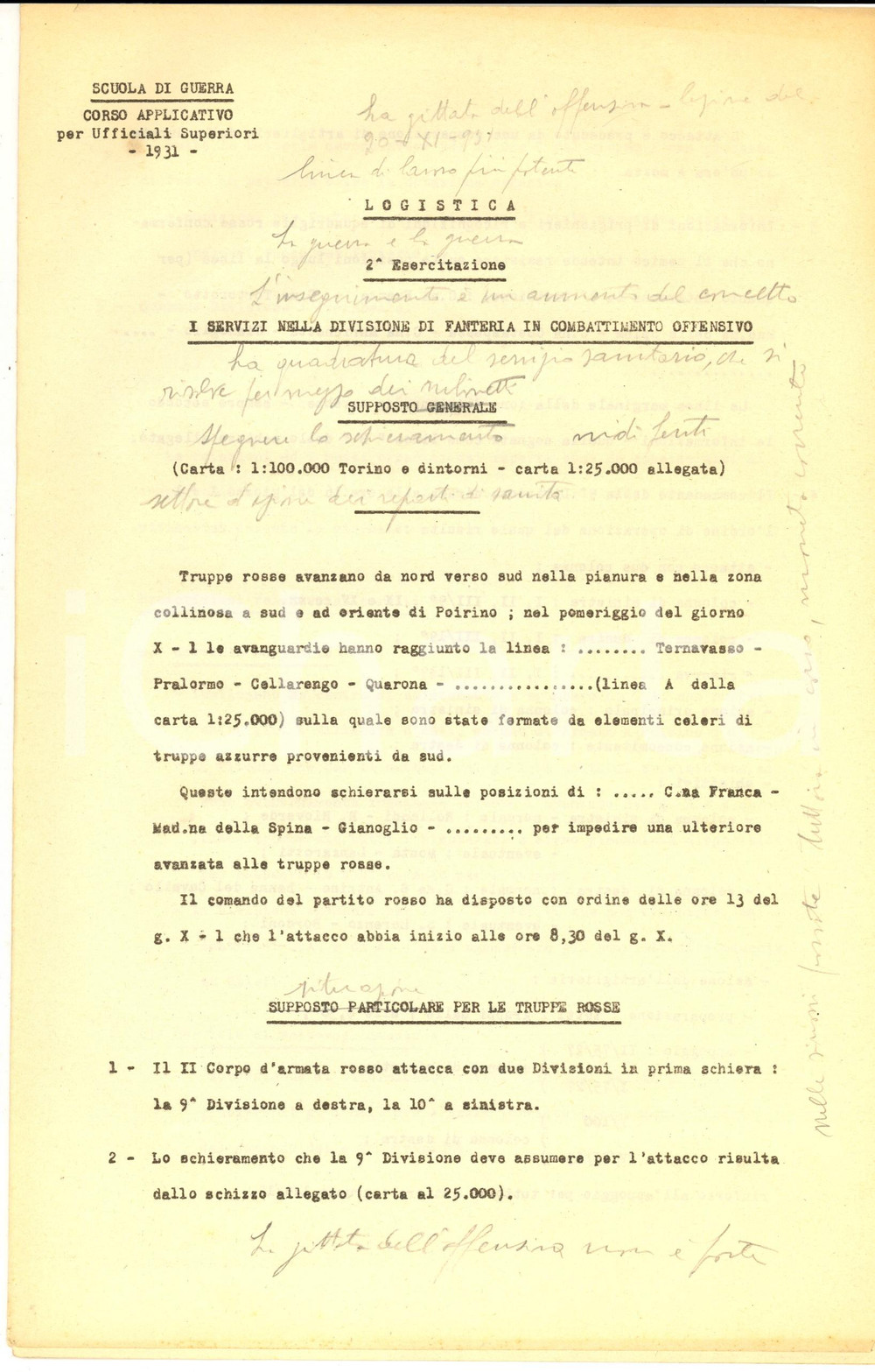 Documento originale, autentico 1931 TORINO Scuola di Guerra  LOGISTICA Fanteria in combattimento offensivo 1