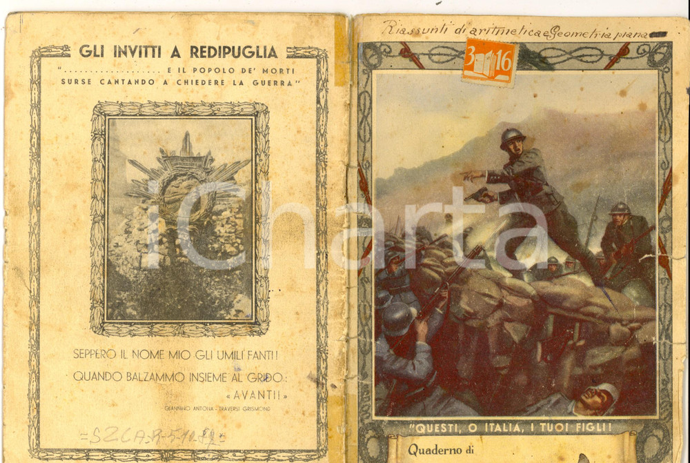 Oggetto da collezione cartaceo 1940 ca Quaderno con copertina INVITTI A REDIPUGLIA DANNEGGIATO 1