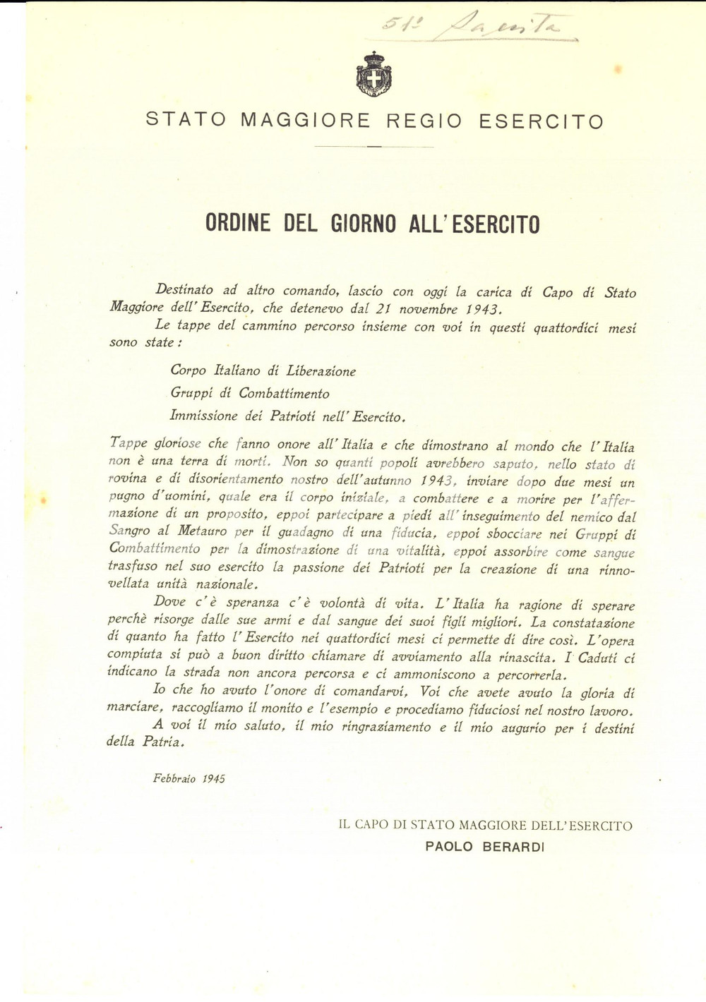 Documento originale, autentico Febbraio 1945 WW2 OdG  Ringraziamenti Paolo BERARDI Capo di Stato Maggiore 1