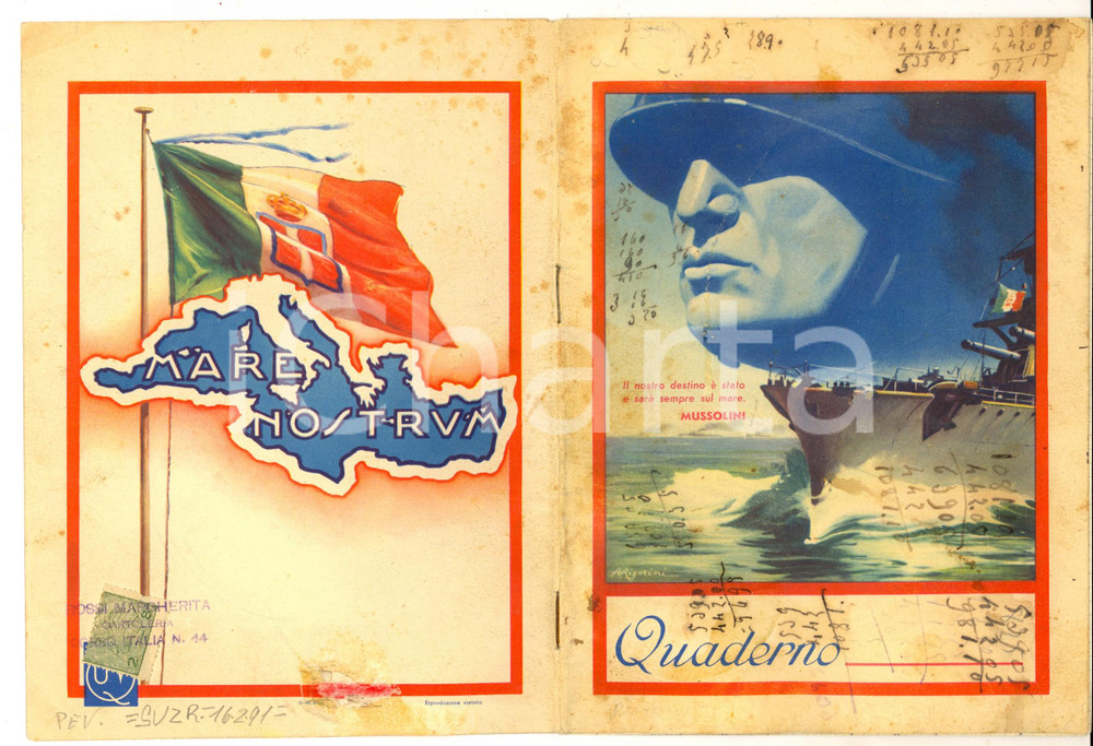 Oggetto da collezione cartaceo 1940 ca Quaderno con copertina Mussolini  Destino sul mare Ill. A. RIGORINI 1