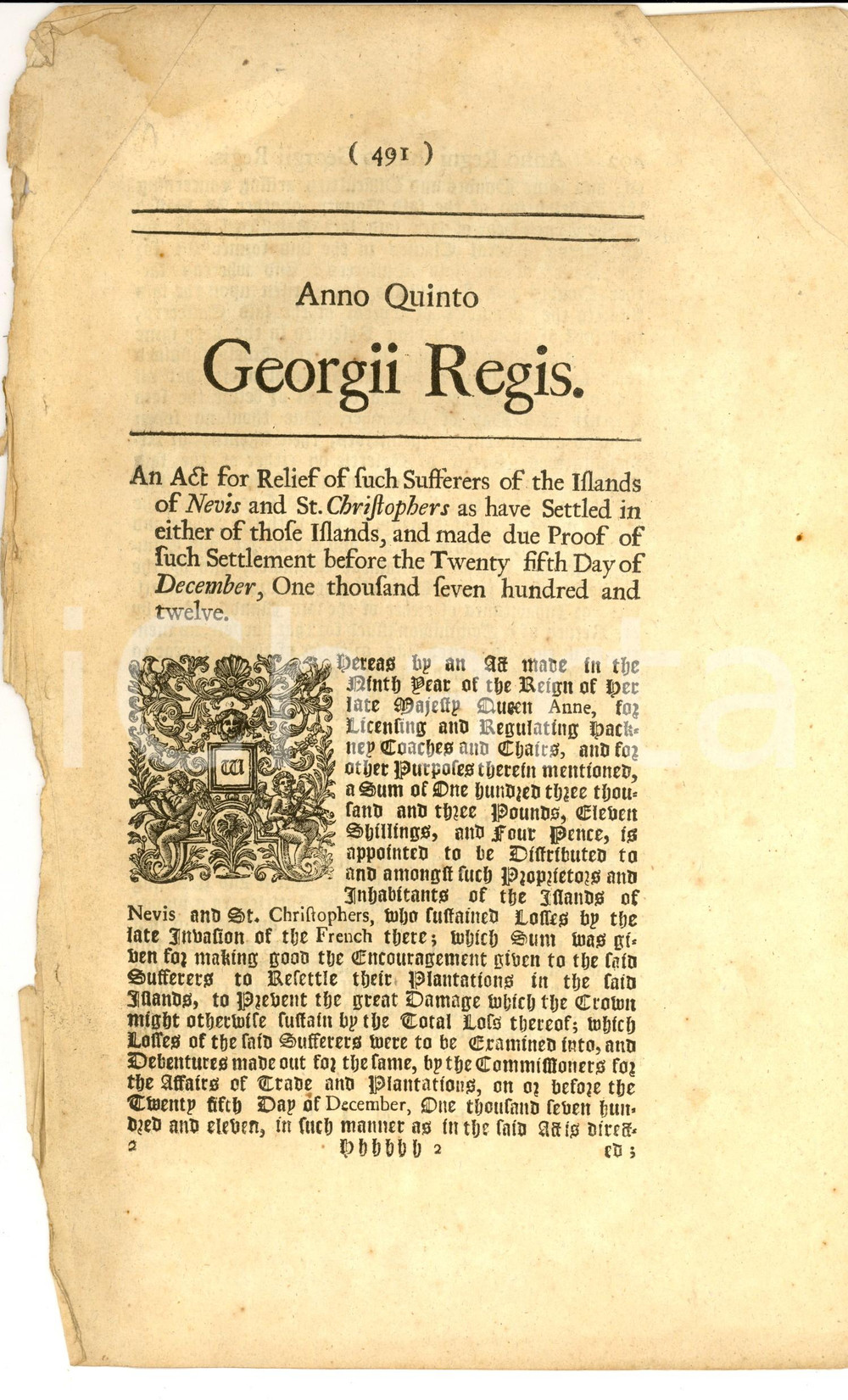 Documento originale, autentico 1765 GREAT BRITAIN Act for relief of such sufferers of  NEVIS  ST. CHRISTOPHERS 1