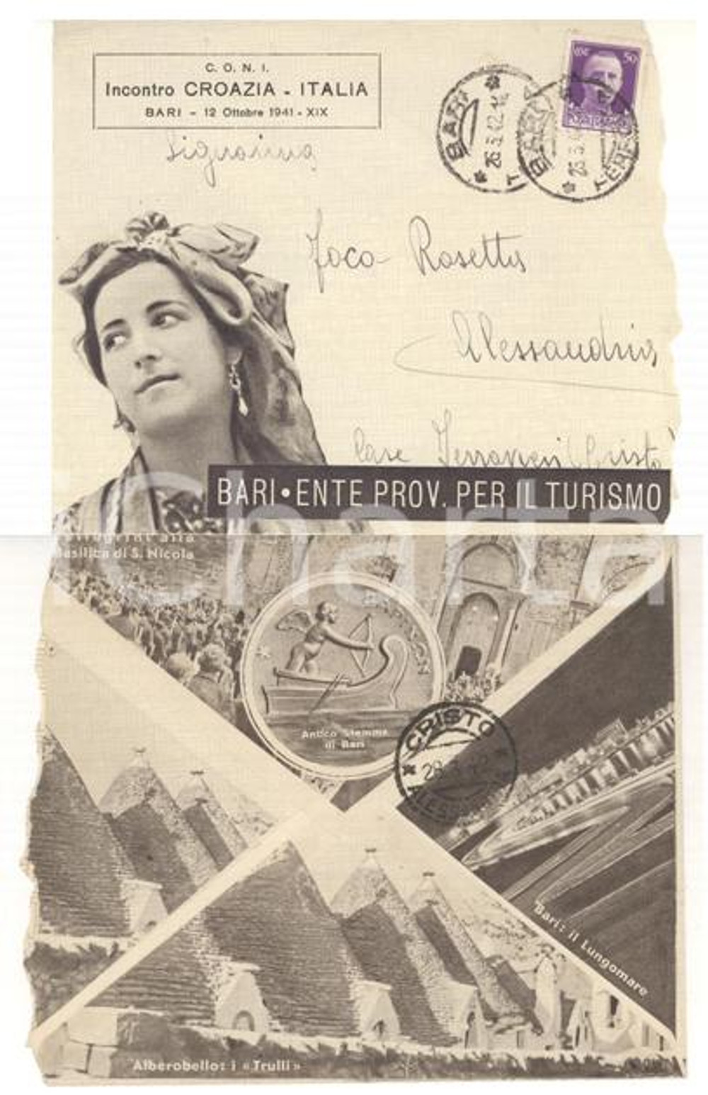 Cartolina originale da collezione 1941 STORIA POSTALE Busta ILLUSTRATA CONI Incontro a BARI CROAZIAITALIA 1