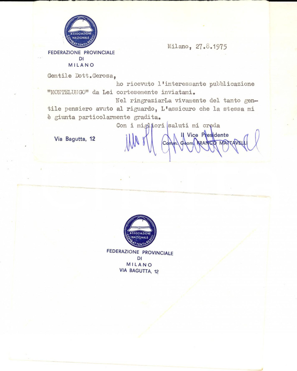Autografo originale 1975 MILANO ANCR Biglietto del vicepresidente Franco MATTAVELLI Autografo 1