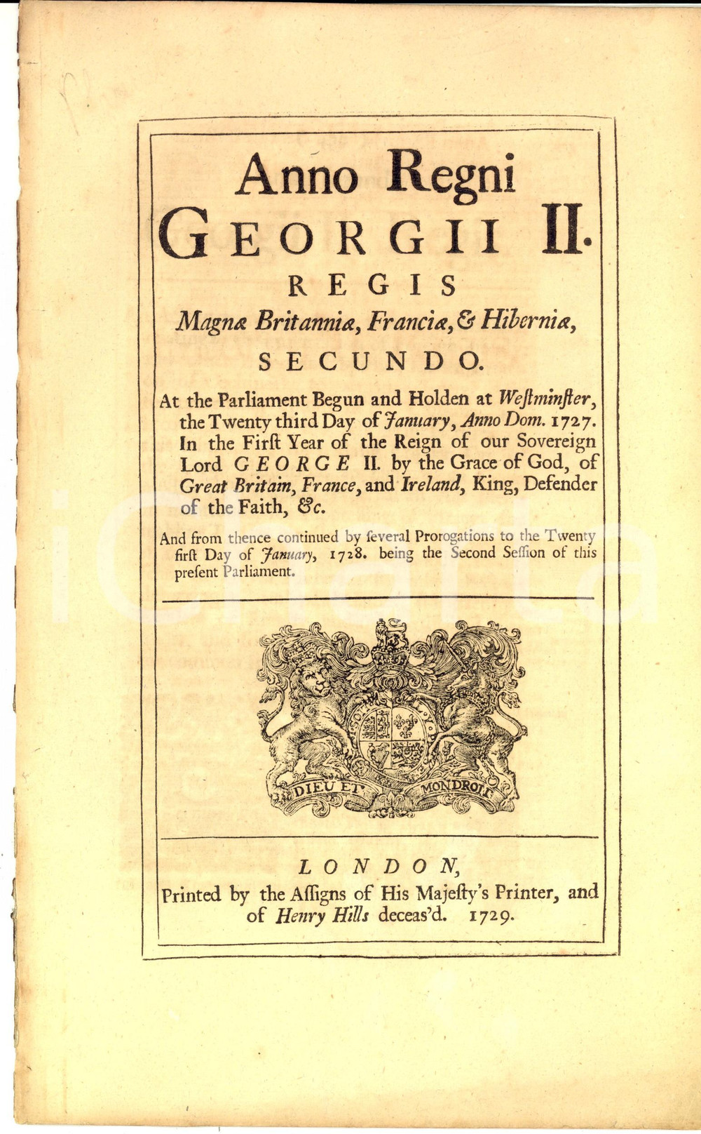 Documento originale, autentico 1729 GREAT BRITAIN Act for importation of foreign spirits and silk manifactures 1