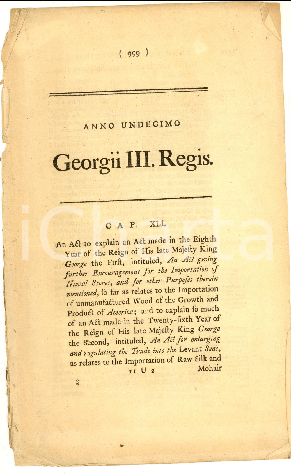 Documento originale, autentico 1749 GREAT BRITAIN Act to explain an act about importation of product of America 1