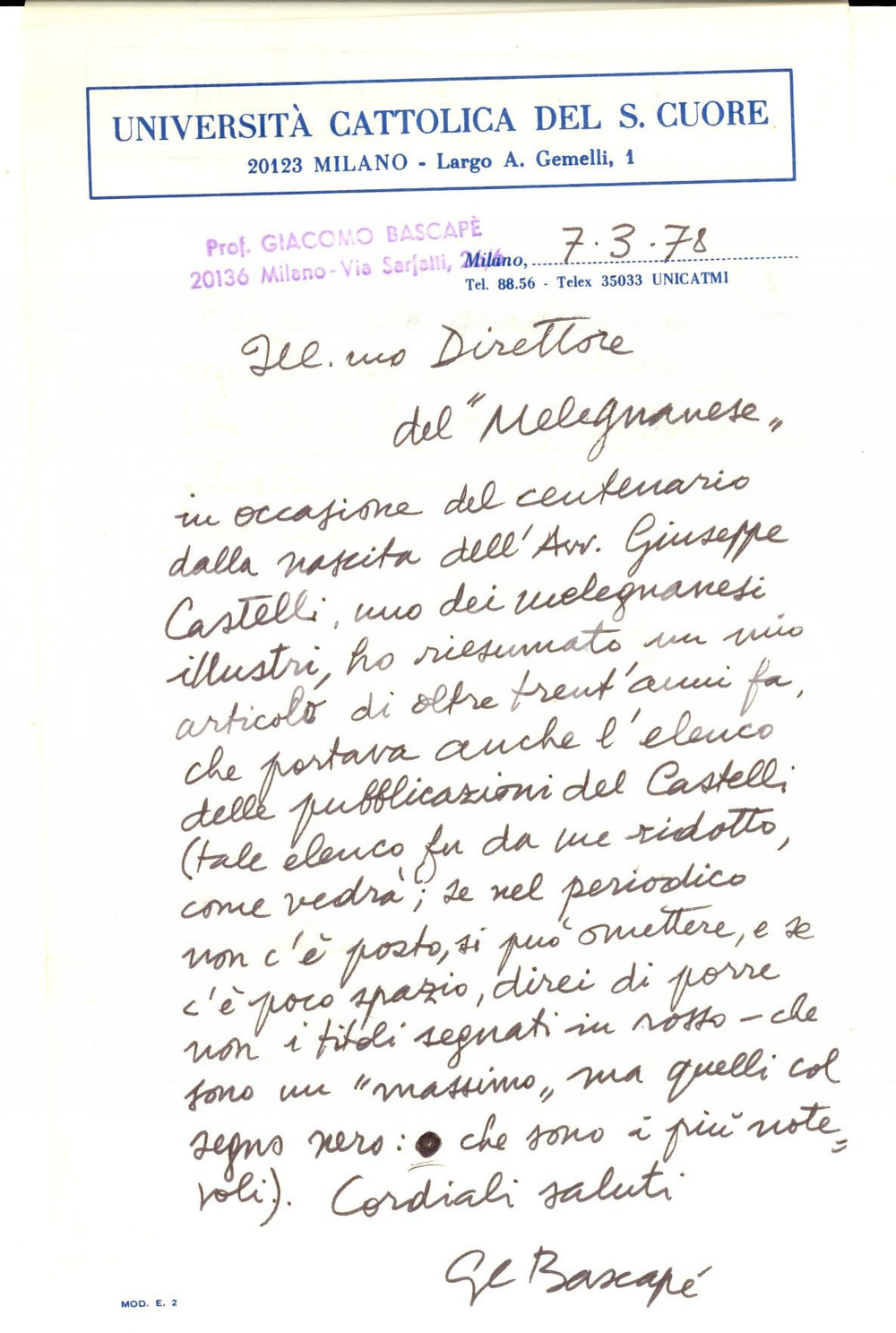 Autografo originale 1978 MILANO Giacomo Carlo BASCAPE  su centenario Giuseppe CASTELLI Autografo 1