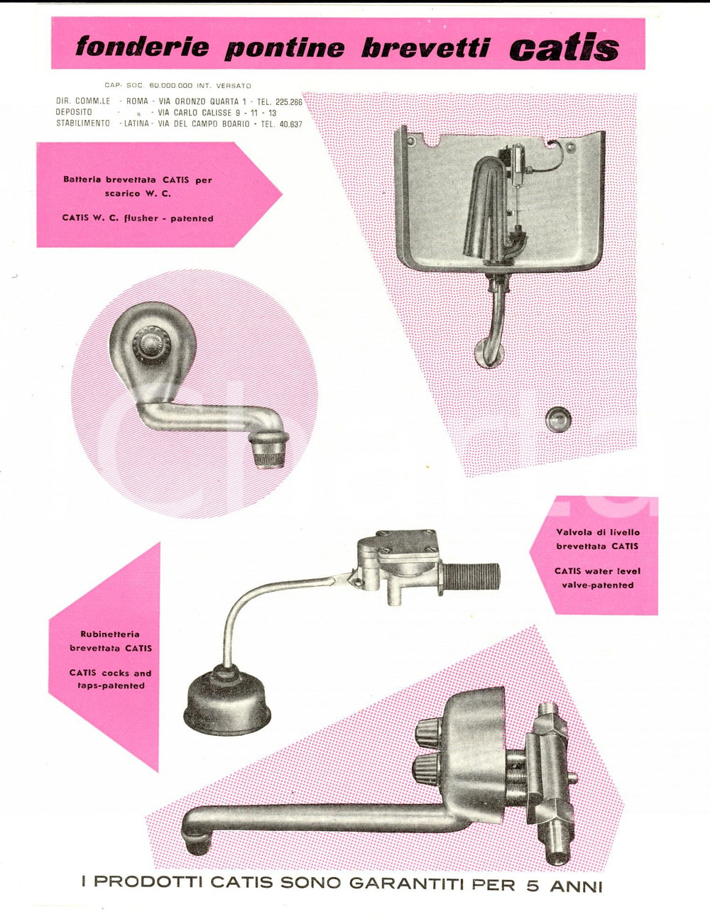 Materiale pubblicitario d’epoca 1960 ROMA FONDERIE PONTINE Brevetti CATIS DÃ©pliant pubblicitario 1