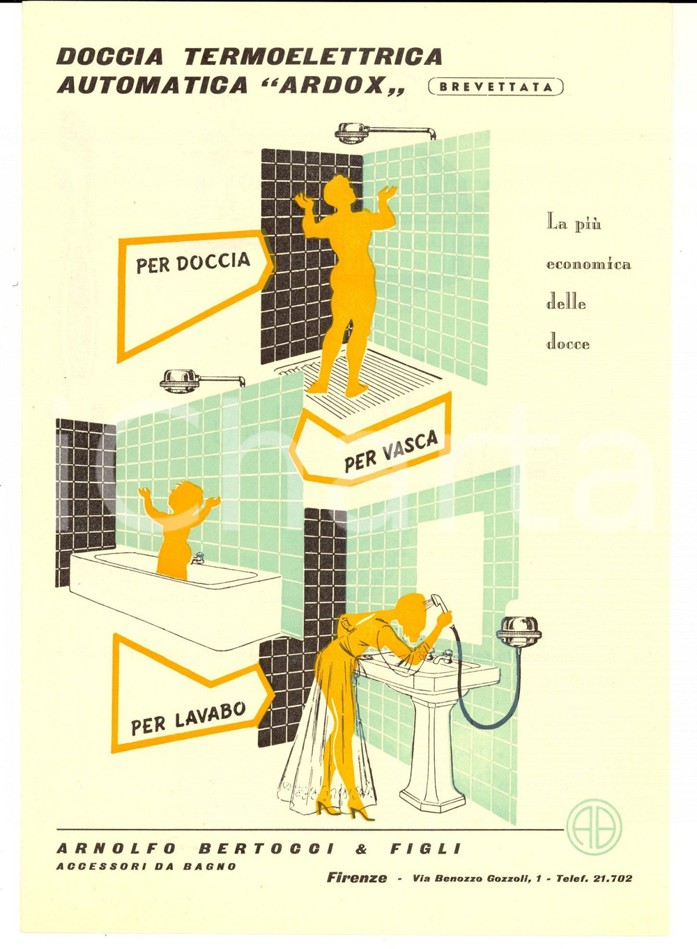 Materiale pubblicitario d’epoca 1960 ca FIRENZE Ditta Arnolfo BERTOCCI Doccia ARDOX e listino pubblicitario 1