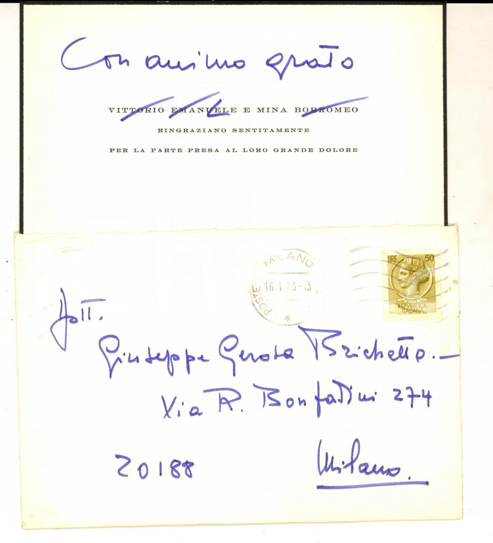 Autografo originale 1973 MILANO Ringraziamento Vittorio Emanuele BORROMEO per lutto Autografo 1