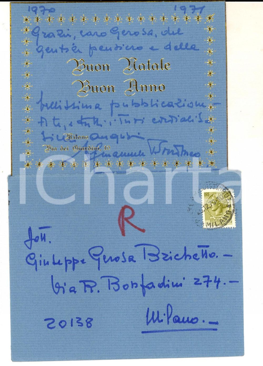 Autografo originale 1970 MILANO Biglietto auguri natalizi Vittorio Emanuele BORROMEO ARESE Autografo 1