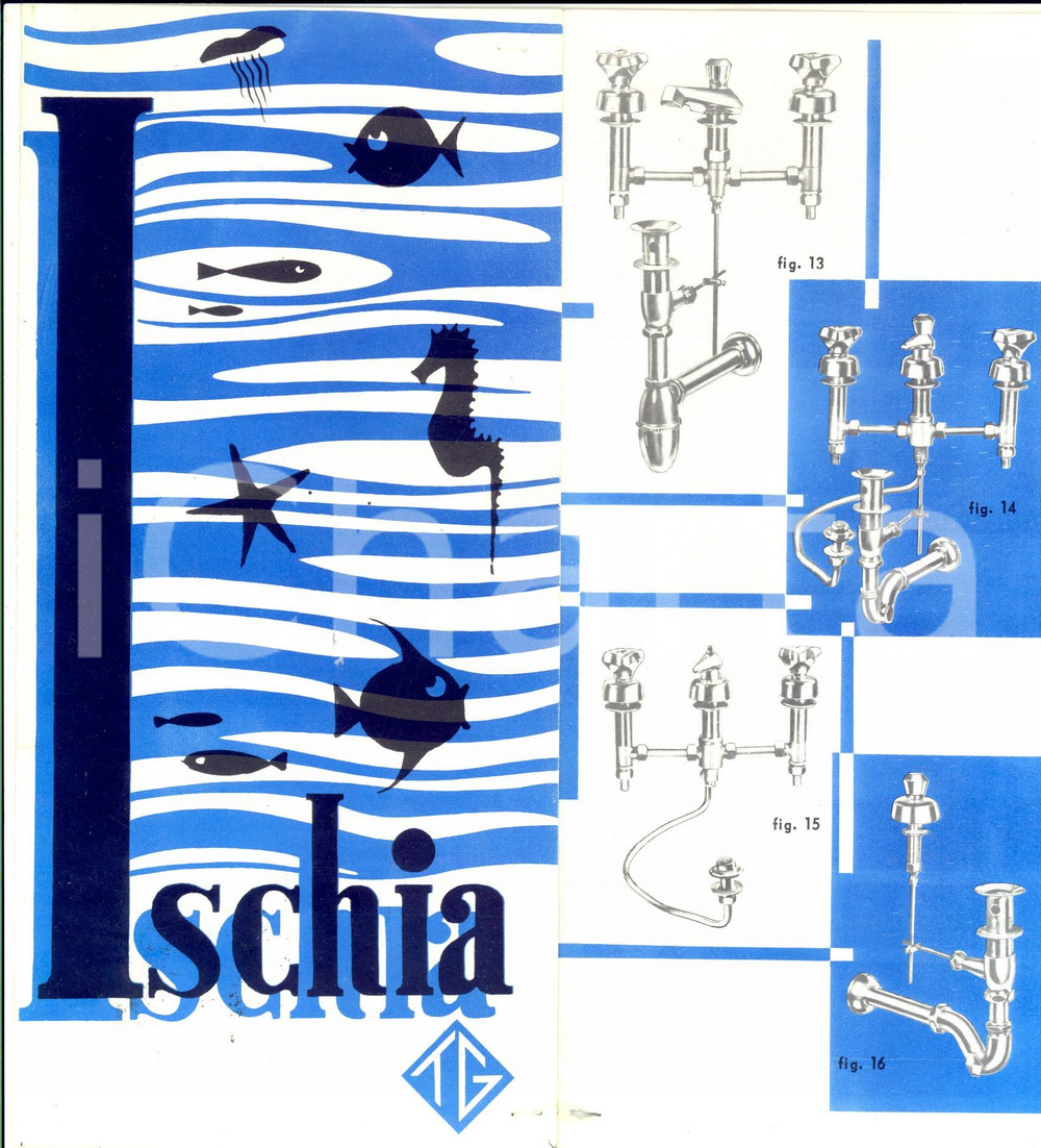 Materiale pubblicitario d’epoca 1951 GOZZANO NO Rubinetteria TESTORI  Serie ISCHIA Pieghevole pubblicitario 1