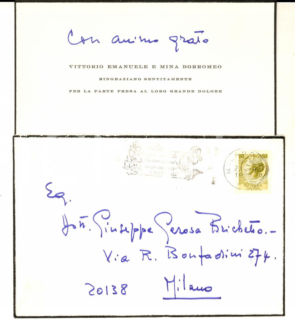 Autografo originale 1978 MILANO Ringraziamento Vittorio Emanuele BORROMEO per lutto Autografo 1