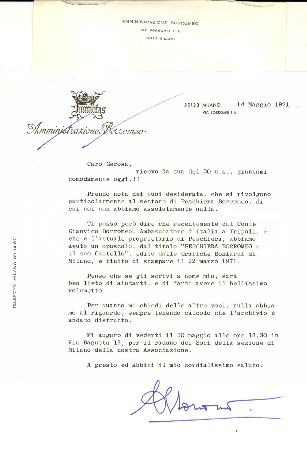 Autografo originale 1971 MILANO Lettera Vittorio Emanuele BORROMEO su volume PESCHIERA BORROMEO 1