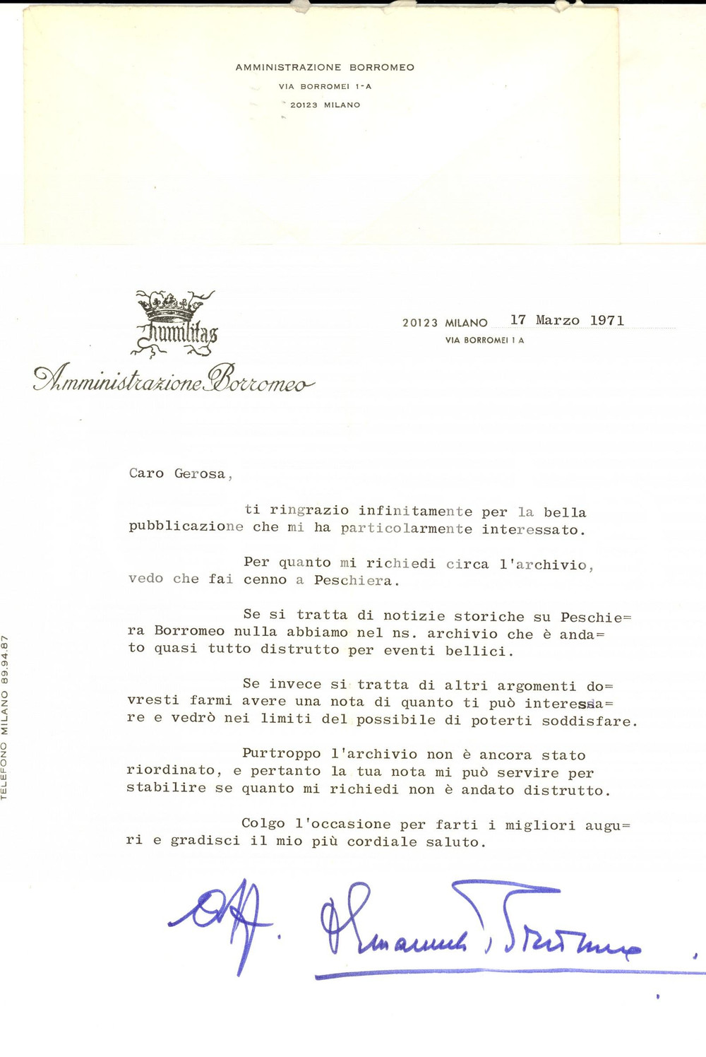Autografo originale 1971 MILANO Lettera Vittorio Emanuele BORROMEO su pubblicazione PESCHIERA 1
