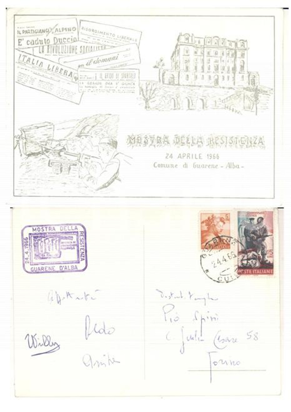Cartolina originale da collezione 1966 STORIA POSTALE GUARENE CN Mostra della Resistenza  Cartolina con timbro 1