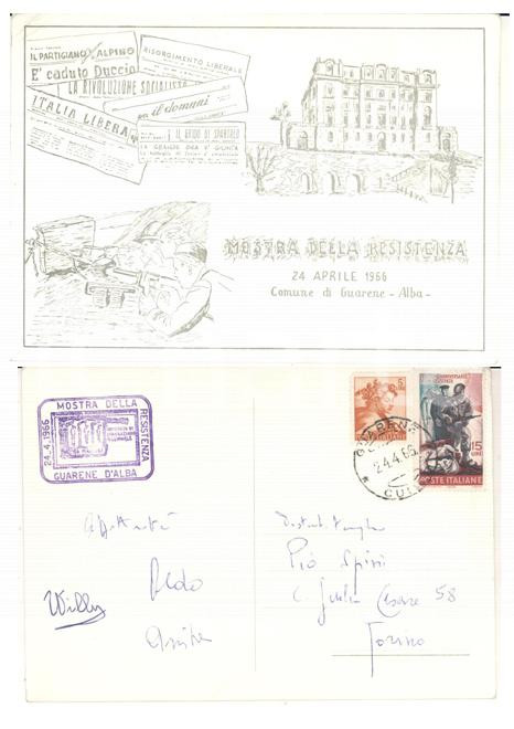 Cartolina originale da collezione 1966 STORIA POSTALE GUARENE CN Mostra della Resistenza  Cartolina con timbro 1