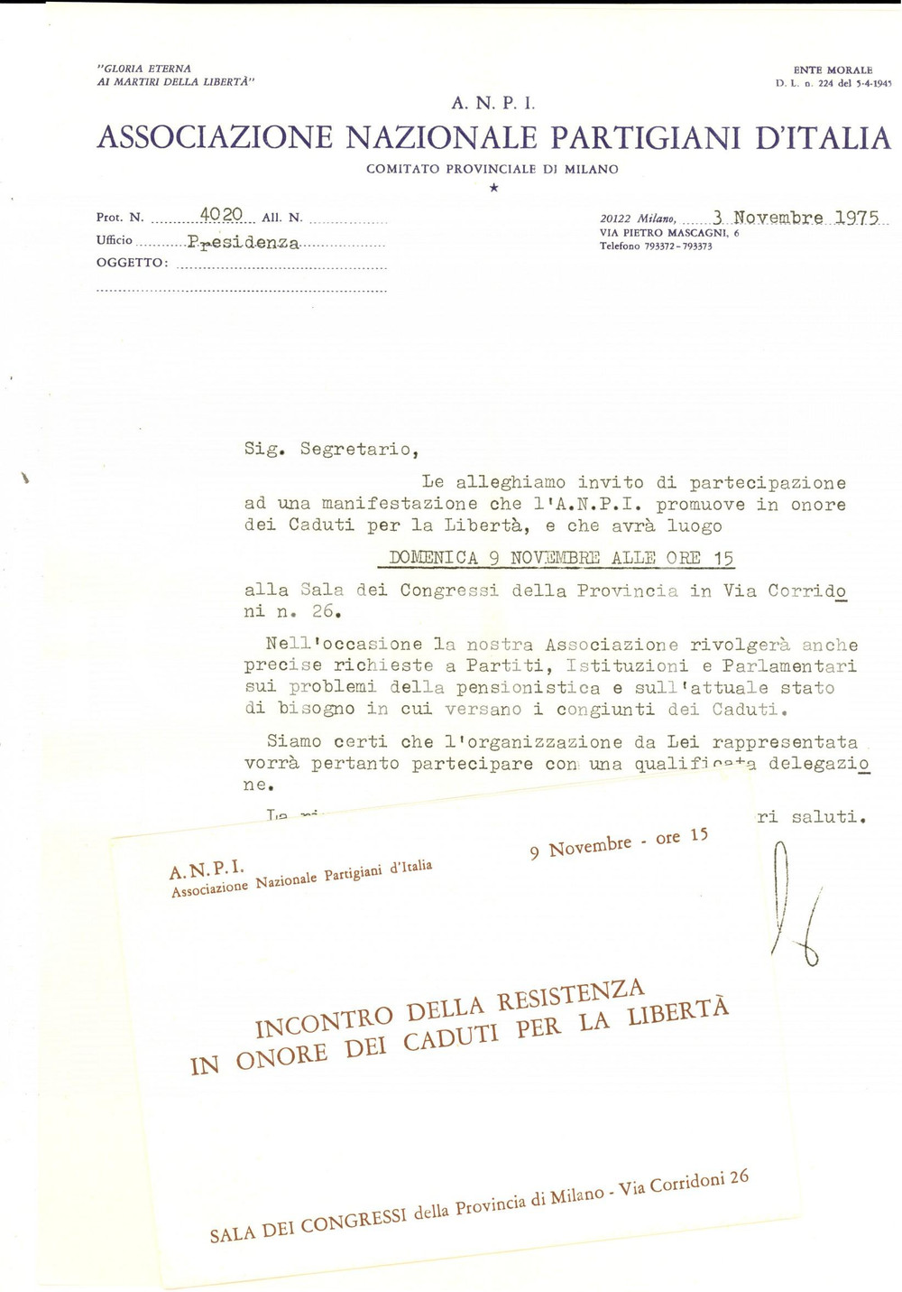 Documento originale, autentico 1975 MILANO Associazione Nazionale PARTIGIANI D ITALIA Invito a congresso 1