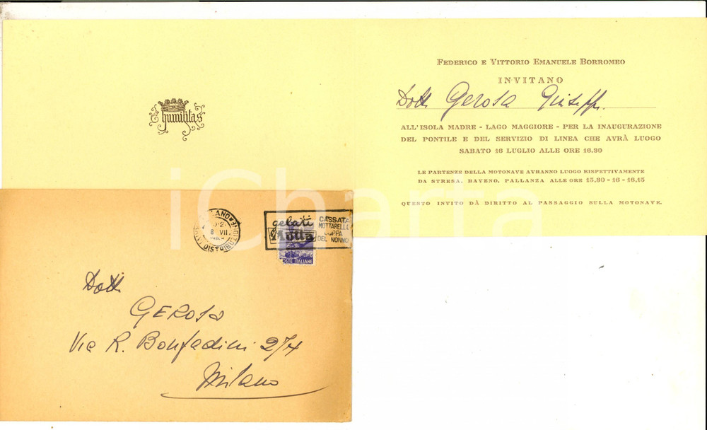Autografo originale 1949 ISOLA MADRE Invito famiglia BORROMEO inaugurazione pontile e servizio linea 1