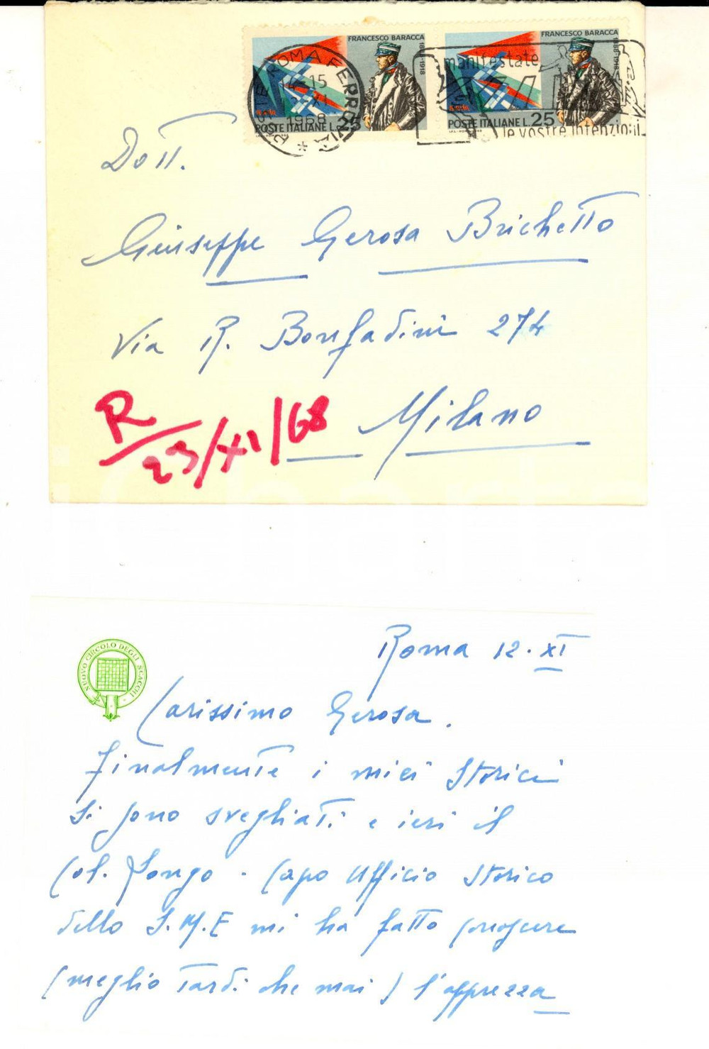 Autografo originale 1968 ROMA CIRCOLO DEGLI SCACCHI Biglietto generale Luigi LOMBARDI Autografo 1