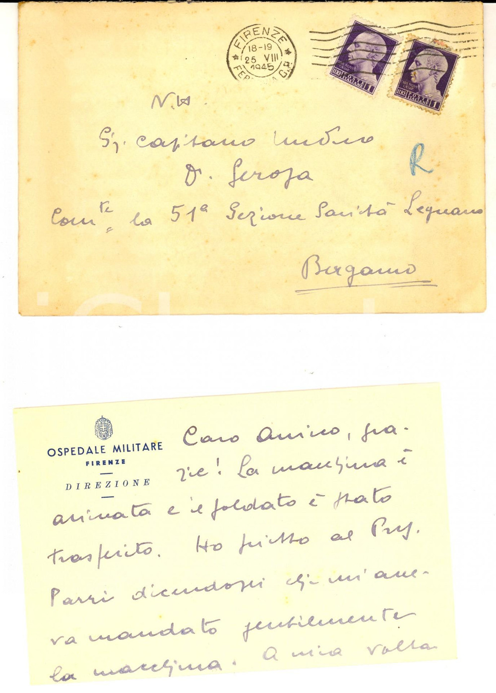 Autografo originale 1945 FIRENZE Ospedale Militare Biglietto del direttore dott. Edoardo CARVAGLIO 1