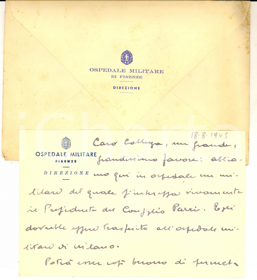 Autografo originale 1945 FIRENZE Ospedale Militare  Direttore Edoardo CARVAGLIO pro raccomandato 1