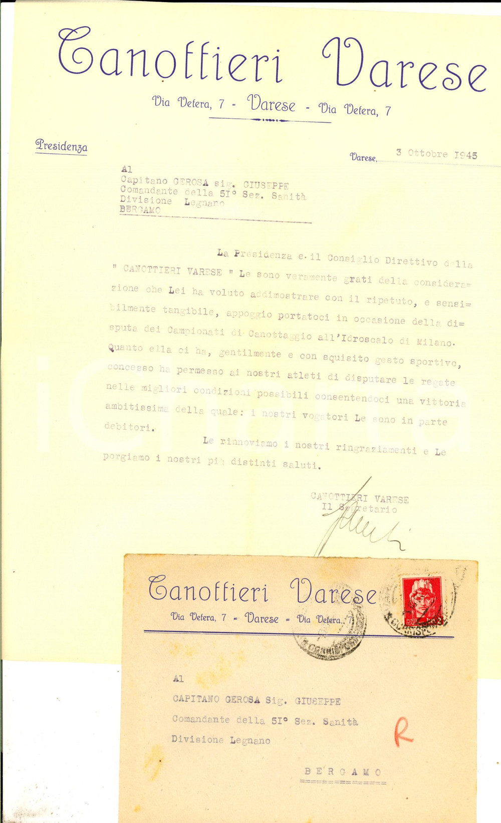 Manoscritto, lettera originale 1945 CANOTTIERI VARESE Lettera ringraziamento per aiuto campionati all Idroscalo 1