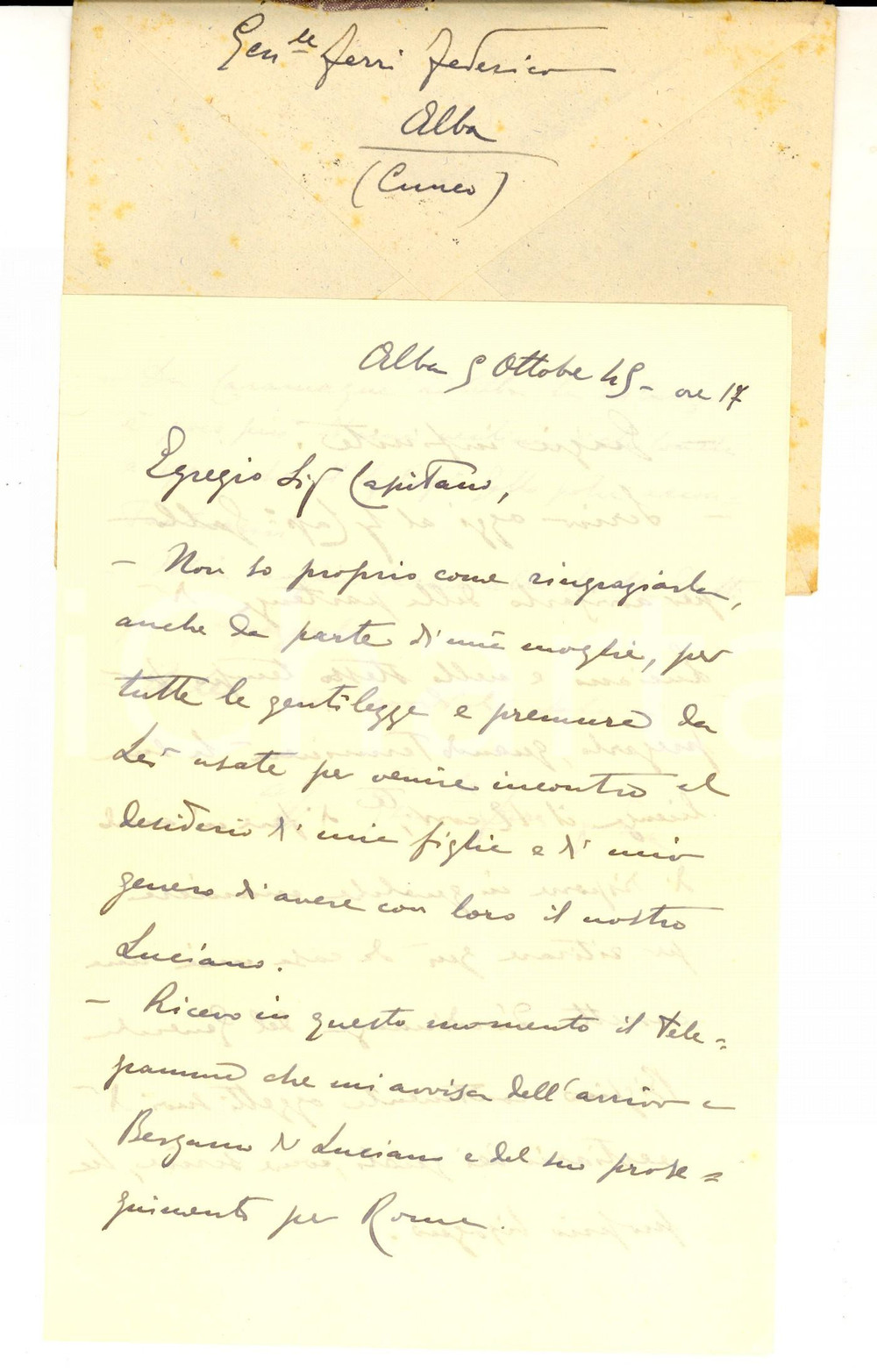 Manoscritto, lettera originale 1945 ALBA CN Gen. Federico FERRI ringrazia per l aiuto alla famiglia Lettera 1