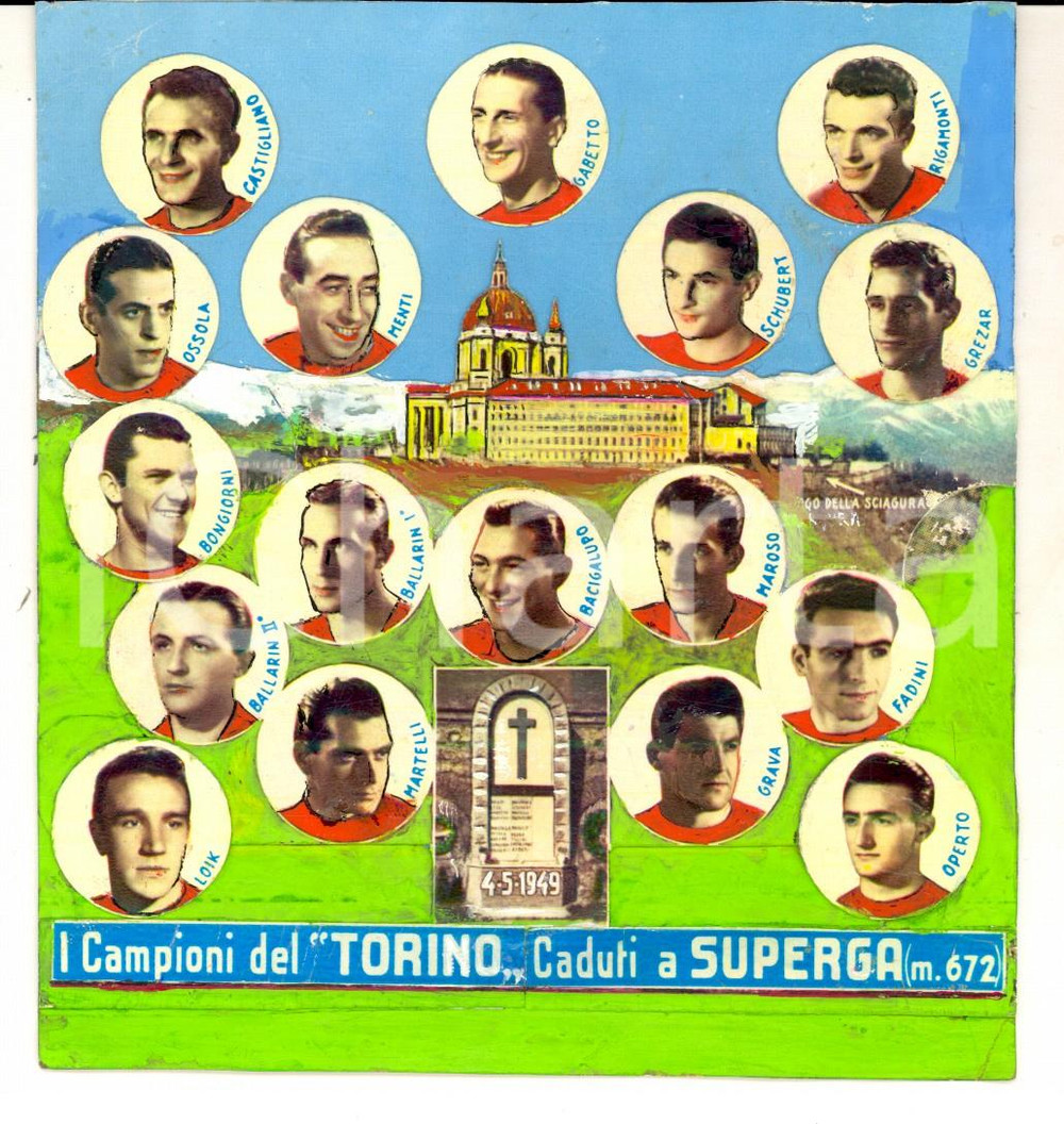 Cartolina originale da collezione 1955 ca TRAGEDIA SUPERGA Collage campioni del TORINO caduti Cartoncino dipinto 1