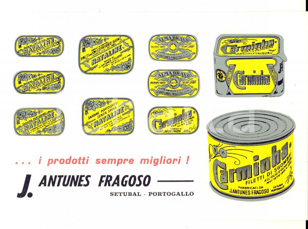 Materiale pubblicitario d’epoca 1968 SETUBAL Sardine J. ANTUNES FRAGOSO Cartoncino Giuseppe BIANCHI  GAZZADA 1
