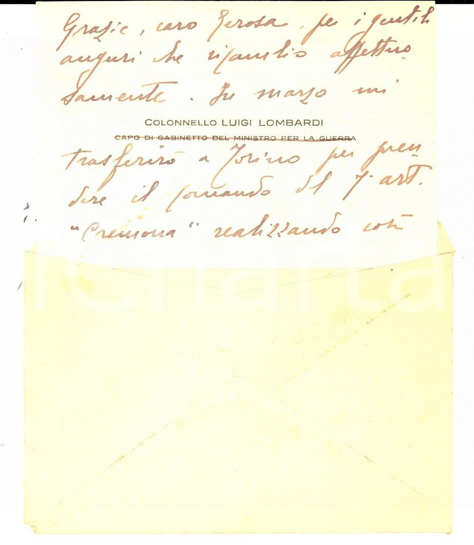 Autografo originale 1950 ca ROMA Col. Luigi LOMBARDI Gabinetto Ministro Guerra Biglietto AUTOGRAFO 1