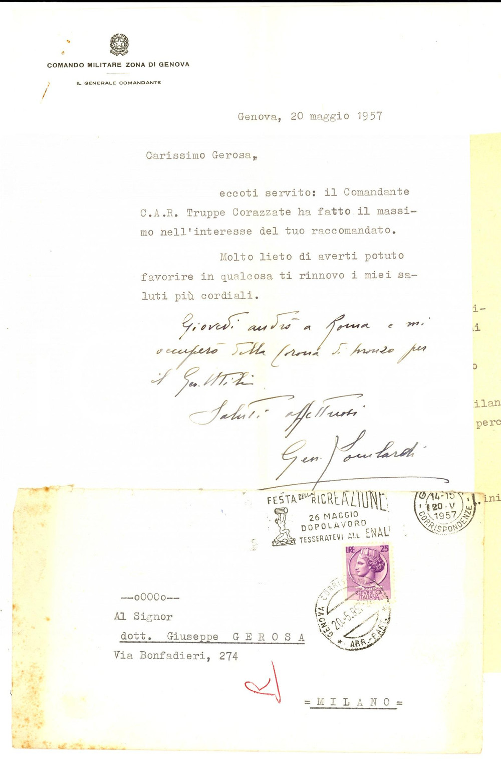Autografo originale 1957 GENOVA Comandante gen. Luigi LOMBARDI aiuta l amico Giuseppe GEROSA 1