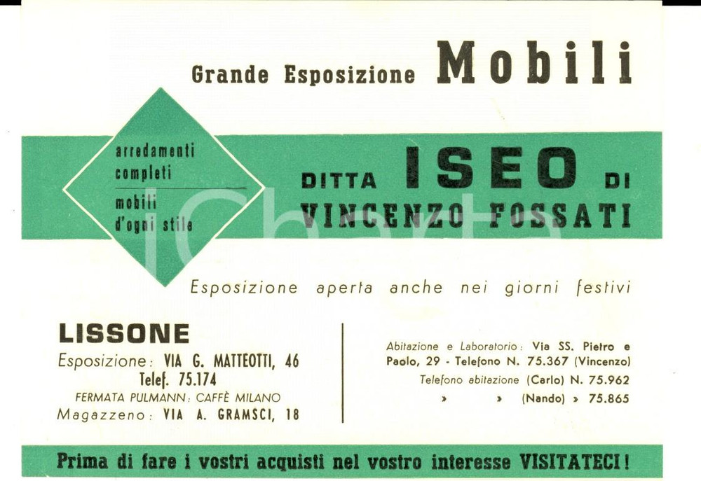 Cartolina originale da collezione 1950 ca LISSONE Ditta ISEO di Vincenzo FOSSATI Mobili Biglietto pubblicitario 1