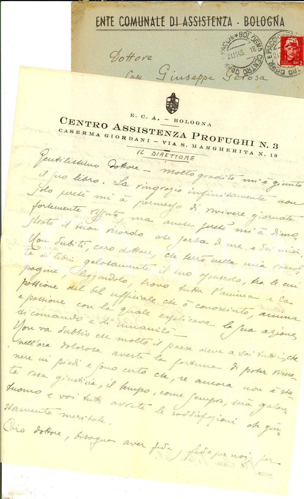 Documento originale, autentico 1945 BOLOGNA ECA Assistenza Profughi Ringraziamenti direttore Lodovico GALEAZZO 1