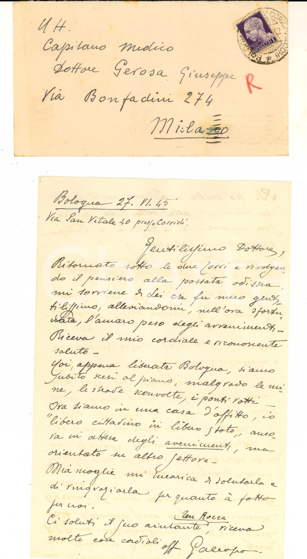 Documento originale, autentico 1945 BOLOGNA Lodovico GALEAZZO nella città liberata e distrutta Lettera 1
