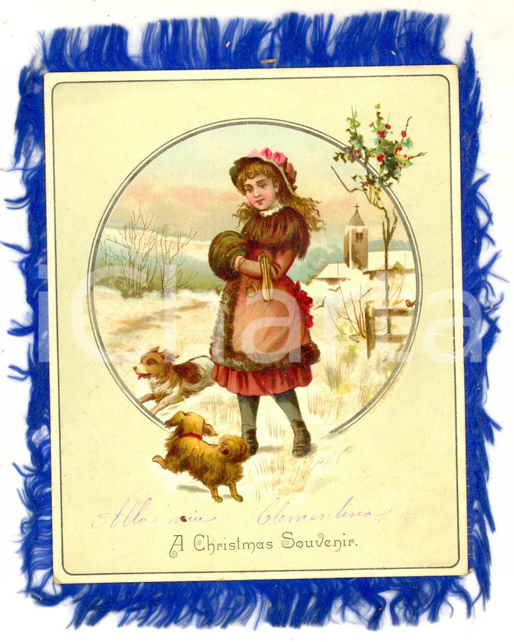 Oggetto da collezione cartaceo 1920 ca CHRISTMAS GREETINGS Pets Fringed vintage card ILLUSTRATED 11x14 cm 1