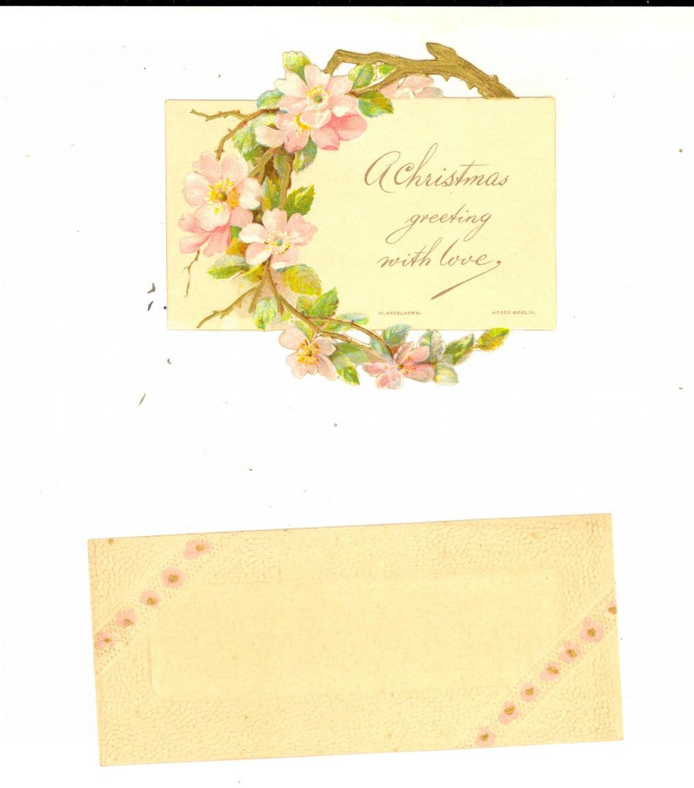Oggetto da collezione cartaceo 1920 ca CHRISTMAS Greetings with love  Fringed vintage card 10x4 cm 1