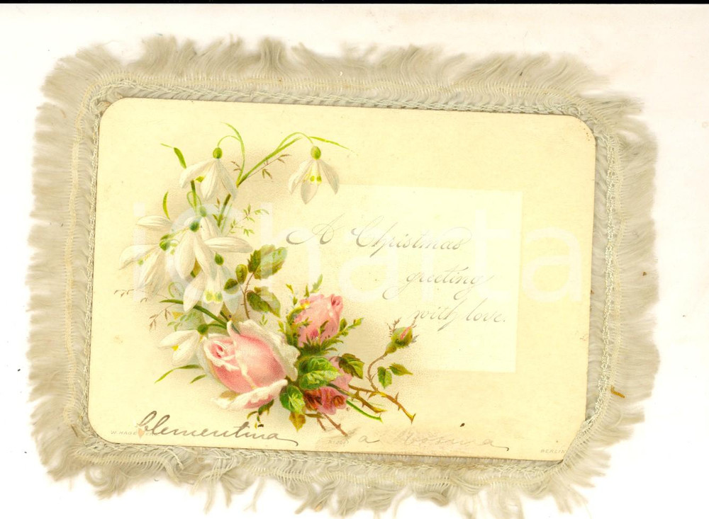 Oggetto da collezione cartaceo 1920 ca CHRISTMAS GREETINGS  Fringed vintage card roses 12x9 cm 1