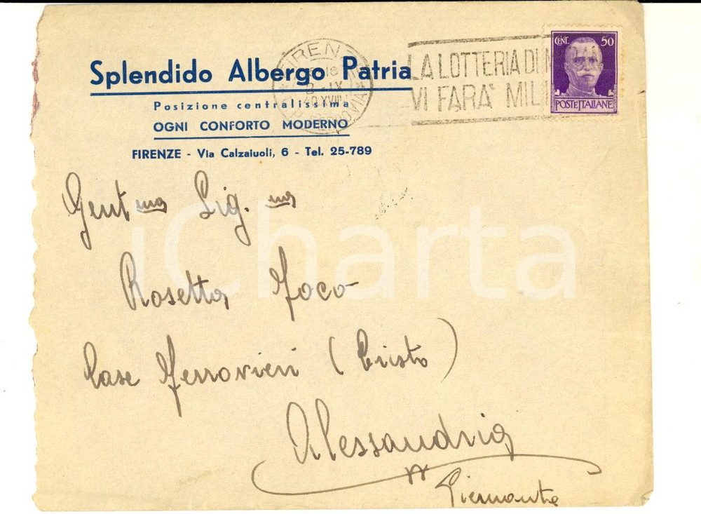 Materiale pubblicitario d’epoca 1940 FIRENZE STORIA POSTALE Splendido Albergo PATRIA  Busta intestata 1