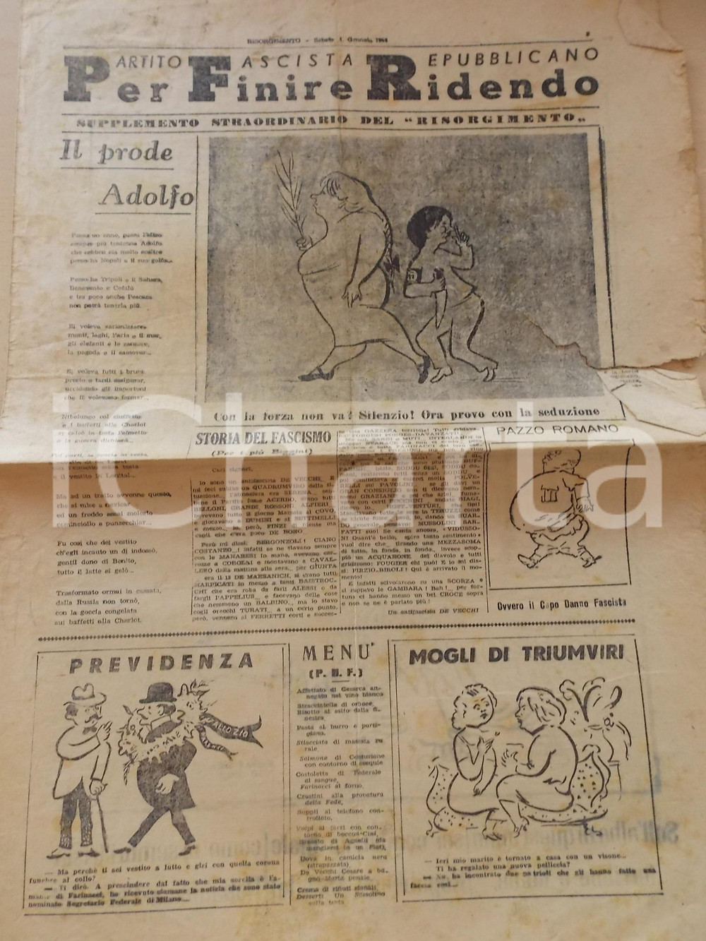 Giornale, rivista storica 1944 ANTIFASCISMO PARTITO FASCISTA REPUBBLICANO Giornale satirico DANNEGGIATO 1
