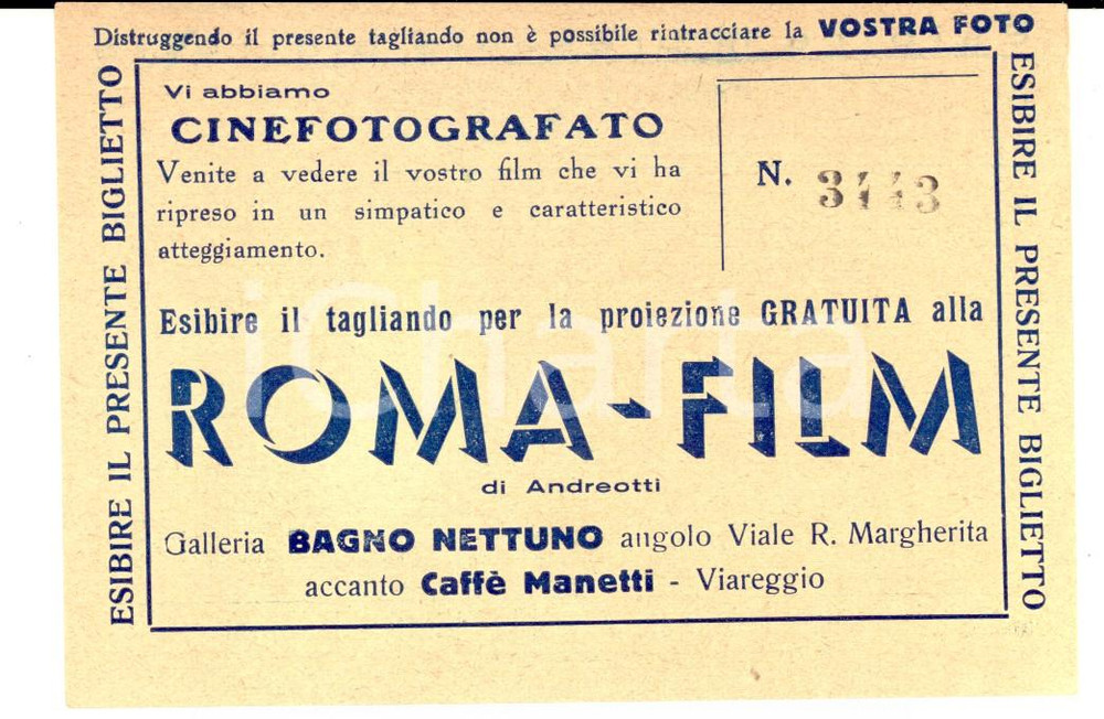 Oggetto da collezione cartaceo 1950 ca VIAREGGIO Tagliando ROMA  FILM di ANDREOTTI Pubblicitario 13x8 1