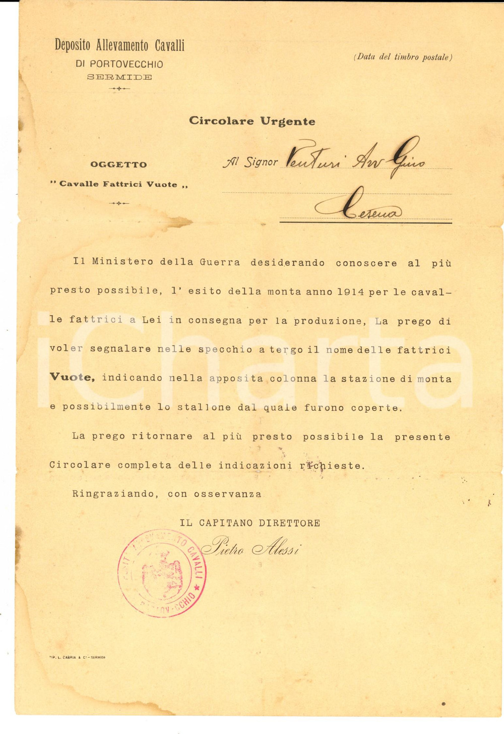 Documento originale, autentico 1915 SERMIDE MN Deposito Cavalli di PORTOVECCHIO  Lettera per monta cavalle 1