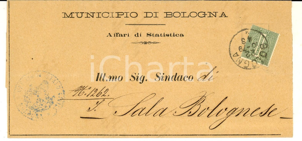 Oggetto da collezione cartaceo 1879 STORIA POSTALE Piego comunale BOLOGNA PER SALA BOLOGNESE 1 cent. 1
