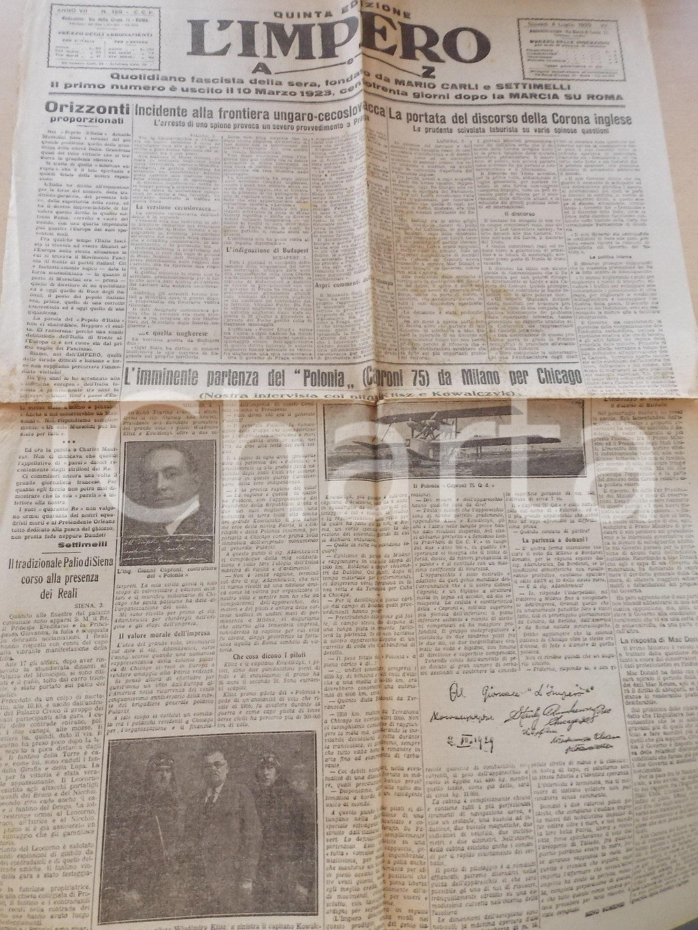 1929 L'IMPERO Partenza del POLONIA CAPRONI 75 Milano - Chicago *Giornale DATA: 4 luglio 1929 CONDIZIONI: fair    originale e autentica 1