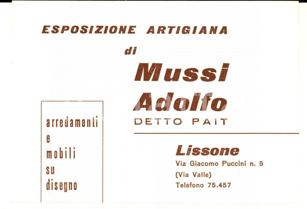 Cartolina originale da collezione 1950 ca LISSONE Adolfo MUSSI detto PAIT Mobili Biglietto pubblicitario 1