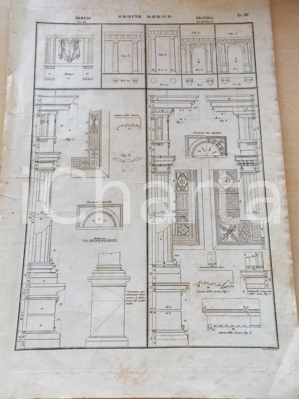 Stampa, bozzetto originale 1861 ARCHITETTURA Francesco DURELLI  Ordine dorico SERLIO Stampa 33x48 cm 1