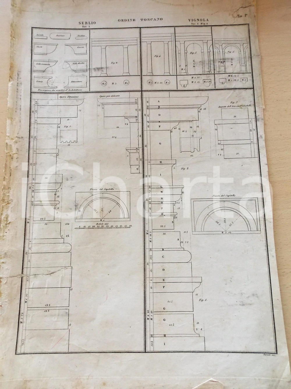 Stampa, bozzetto originale 1861 ARCHITETTURA Francesco DURELLI  Ordine toscano SERLIO Stampa 33x48 cm 1