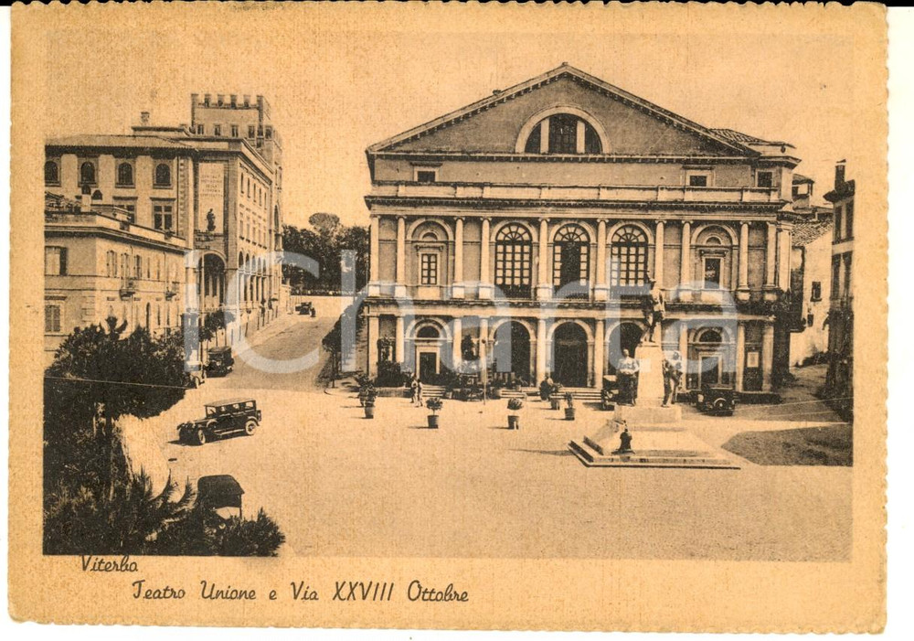 Cartolina originale da collezione 1945 VITERBO Teatro Unione e via XXVIII Ottobre Cartolina ANIMATA AUTO FG VG 1