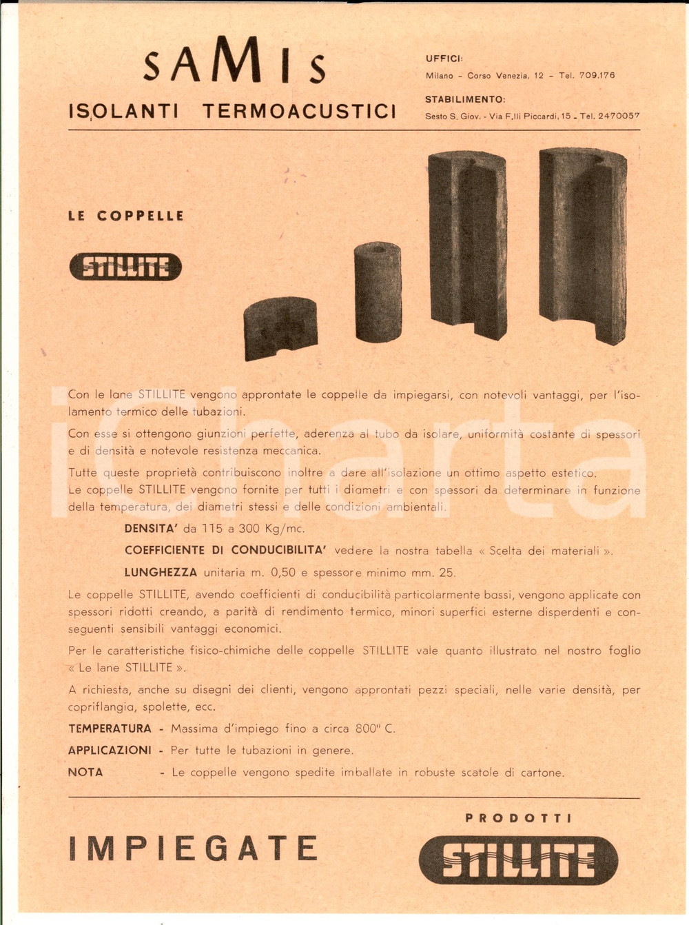 Materiale pubblicitario d’epoca 1950 ca MILANO Ditta SAMIS Isolanti  Coppelle STILLITE  Volantino su velina 1