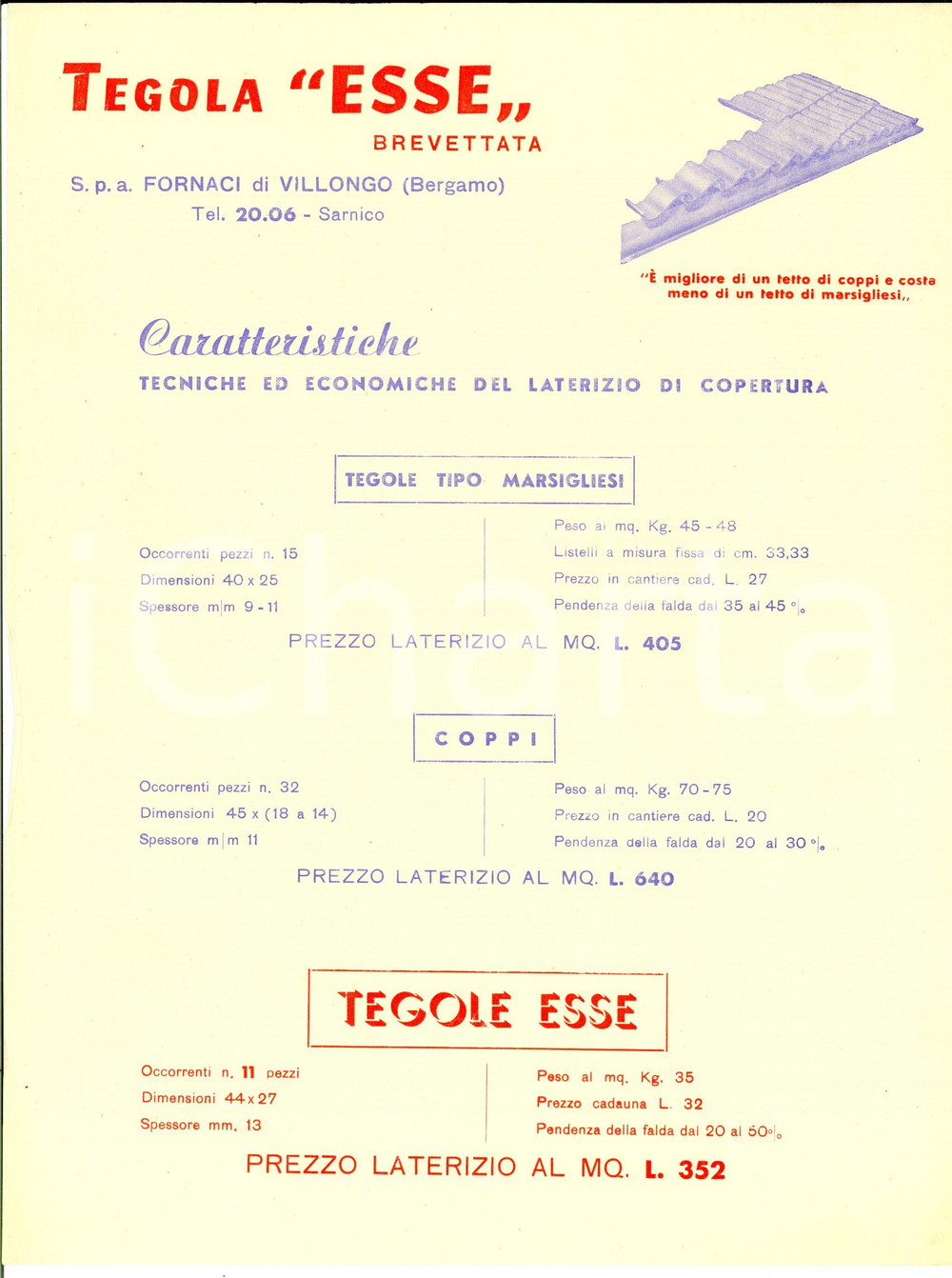 Materiale pubblicitario d’epoca 1950 ca VILLONGO BG Volantino TEGOLA ESSE   Coppi e tegole marsigliesi 1