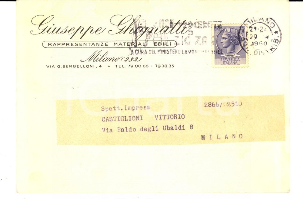 Cartolina originale da collezione 1960 MILANO Ditta Giuseppe GHIGNATTI materiali edili Cartolina postale FG VG 1